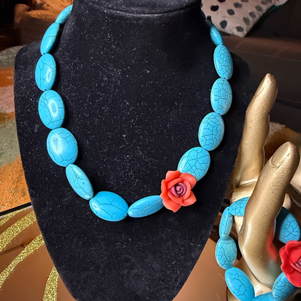 Turquoise Beaded Necklace and matching Bracelet with Coral Rose Accent